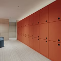 Shower Room Interior Featuring Orange Tiled Walls Multiple Cubicles And Towel Holders
