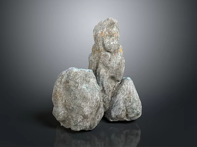 Three Gray Stones With Rough Surface And Natural Texture On Reflective Background 3d model