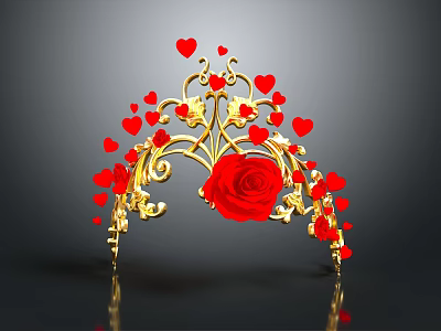 A Woman Wearing Ornate Golden Crown With Red Heart Decorations And Large Rose 3d model