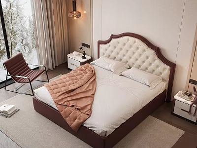 Modern Double Bed With Upholstered Headboard Brown Frame White Sheets Orange Blanket And Snowy View In Bedroom 3d model