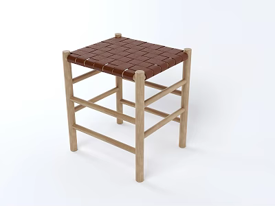 Light Wood Frame Stool With Brown Woven Seat For Modern Home Interior Use 3d model