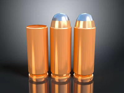 Three Copper Bullet Casings With Silver Tips Arranged In Reflective 3d model