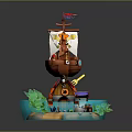 Cartoon Pirate Ship Model With Red Hull Skull Flag And Figure On Blue Wave Base