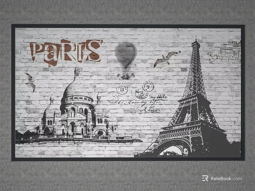 Paris Themed Wall Art With Eiffel Tower Hot Air Balloon And Domed Church 3d model 