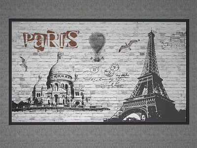 Paris Themed Wall Art With Eiffel Tower Hot Air Balloon And Domed Church 3d model