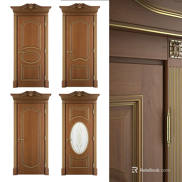 Elegant Wooden Hinged Doors with Ornate Carvings Gold Accents and Oval Glass Panels 3d model 