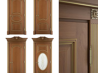 Elegant Wooden Hinged Doors with Ornate Carvings Gold Accents and Oval Glass Panels 3d model