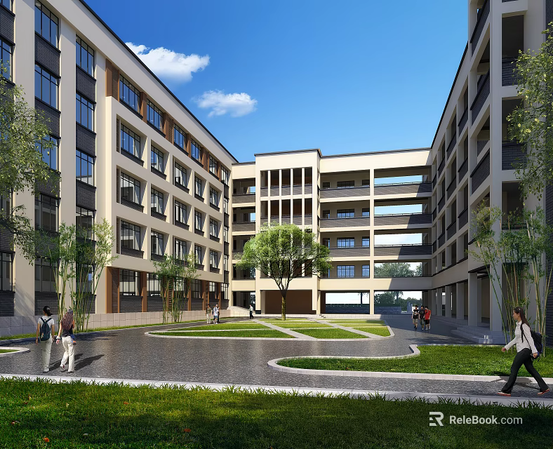 Modern Multi Story School Building with Central Courtyard Greenery Trees and People Walking 3d model 