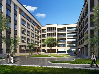 Modern Multi Story School Building with Central Courtyard Greenery Trees and People Walking 3d model
