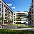 Modern Multi Story School Building with Central Courtyard Greenery Trees and People Walking