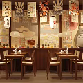 Traditional Japanese Restaurant Interior With Hanging Lanterns Decorative Paintings And Wooden Tables
