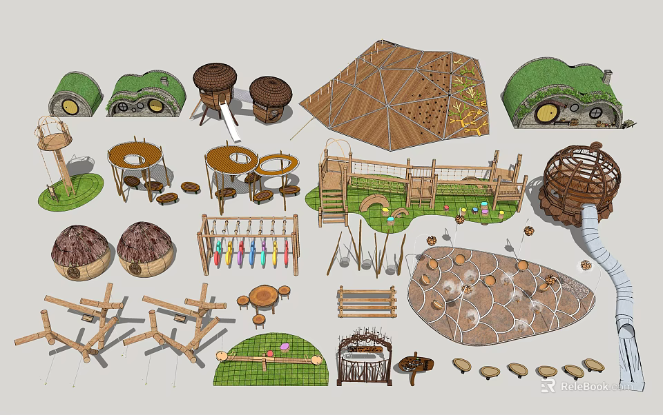 Outdoor Children's Playground Equipment With Wooden Climbing Structures Swings Slides And Natural Elements 3d model 