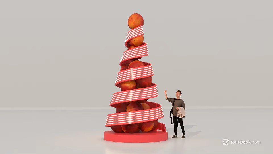 Person Standing Next To Decorative Peach Tower With Red And White Stripes Holding Shopping Bag 3d model 