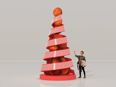 Person Standing Next To Decorative Peach Tower With Red And White Stripes Holding Shopping Bag 3d model