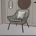 Rattan Accent Chair With Light Colored Cushion Black Metal Legs On Striped Rug Decorative Wall