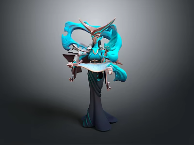 Mythical Female Game Character With Blue Flowing Elements And Ornate Headdress Holding Scroll 3d model