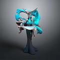 Mythical Female Game Character With Blue Flowing Elements And Ornate Headdress Holding Scroll