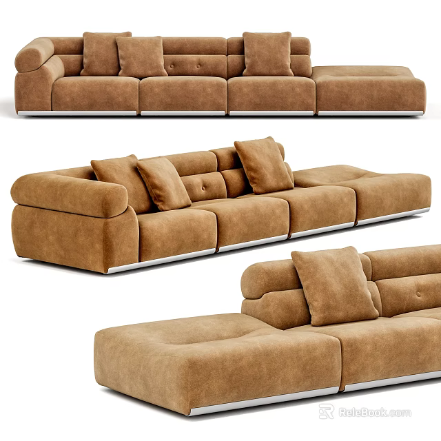 Brown Fabric Sectional Sofa With Multiple Cushions And Metal Base Design 3d model