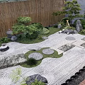 Karesansui Dry Landscape Garden With Zen Design Gravel Stones Green Plants And Wooden Fence