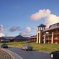 Scenic Lakeside Hotel Resort Architecture With Green Hills And Waterfront Layout