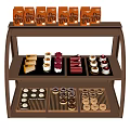 Delicious Assorted Desserts in Glass Display Case with Cakes Macarons Pastries and Packaged Treats
