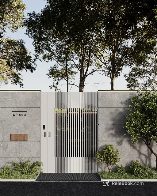 Modern Entrance Gate With White Vertical Slats Grey Concrete Wall And Green Trees 3d model 