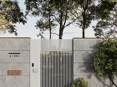 Modern Entrance Gate With White Vertical Slats Grey Concrete Wall And Green Trees 3d model