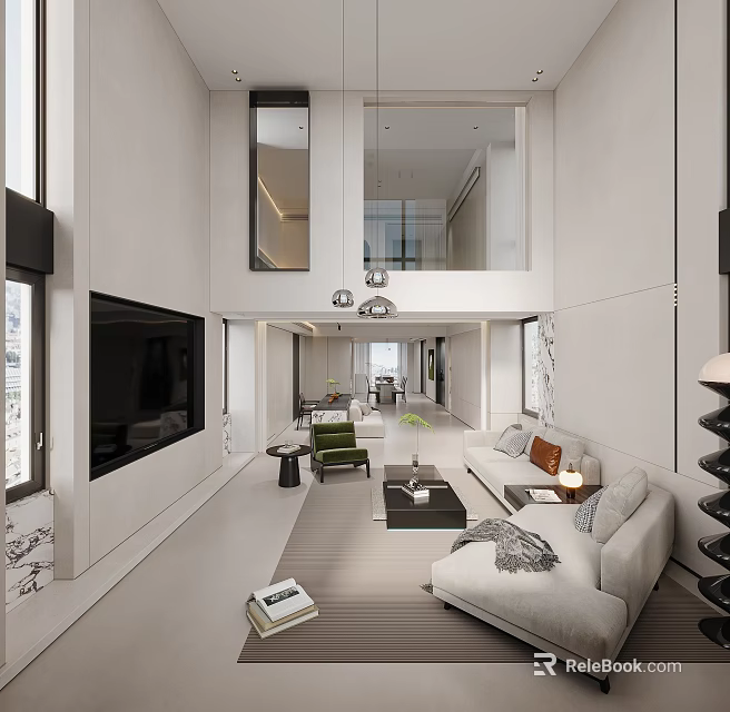 Modern Living Room Dining Area Interior With Sofa Coffee Table TV Wall And Windows 3d model 