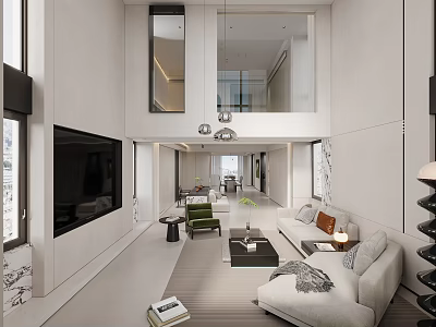 Modern Living Room Dining Area Interior With Sofa Coffee Table TV Wall And Windows 3d model