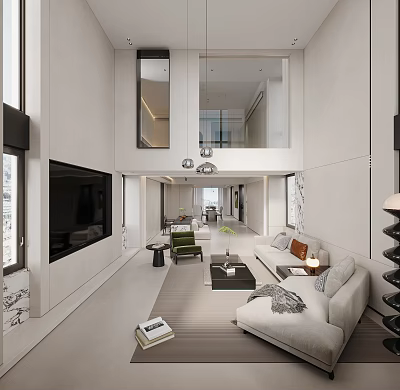 Modern Living Room Dining Area Interior With Sofa Coffee Table TV Wall And Windows 3d model