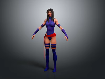 A Woman in Purple Tight Bodysuit with Red Belt Leg Wraps and Purple Arm Wristbands 3d model