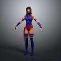 A Woman in Purple Tight Bodysuit with Red Belt Leg Wraps and Purple Arm Wristbands