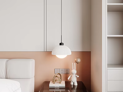 White Shell Shaped Pendant Light Hanging Over Bedroom Nightstand With Pink Wall 3d model