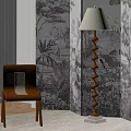 Brown Leather Lounge Chair With Wooden Frame Floor Lamp Tropical Wallpaper And White Curtain