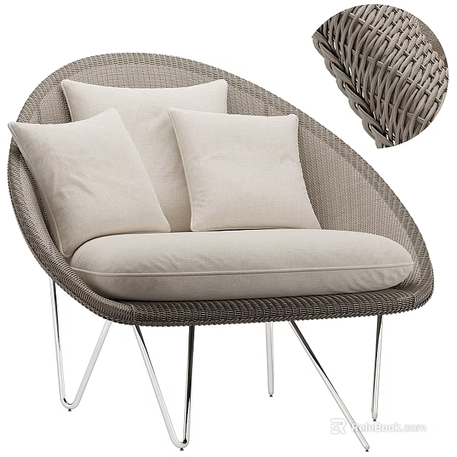 Modern Wicker Leisure Chair With Beige Cushions And Silver Metal Legs 3d model 
