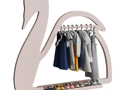 Swan Shaped Wooden Clothes Hanger With Hanging Children's Clothes And Shoes 3d model
