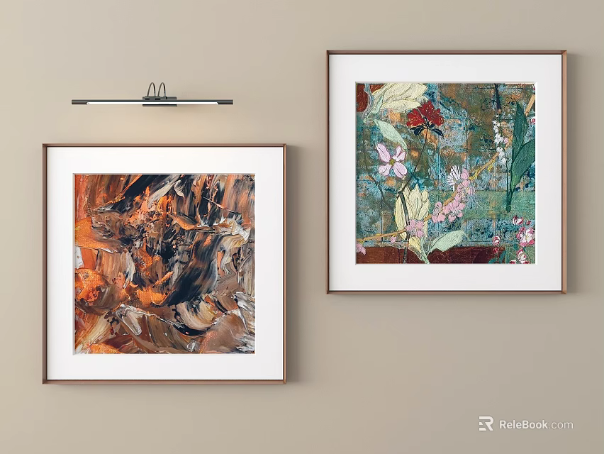 Two Framed Artworks With Abstract And Floral Designs On Beige Wall 3d model 