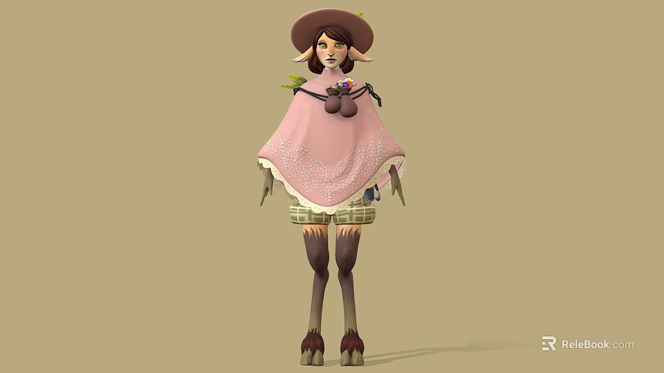 Game Film Character With Pink Cape Lace Trim Hat Green Accents And Plaid Shorts 3d model 