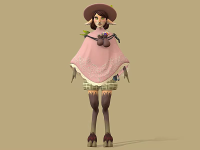 Game Film Character With Pink Cape Lace Trim Hat Green Accents And Plaid Shorts 3d model