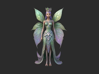 Elegant Fantasy Game Character Fairy With Colorful Wings Crown And Scaled Dress 3d model