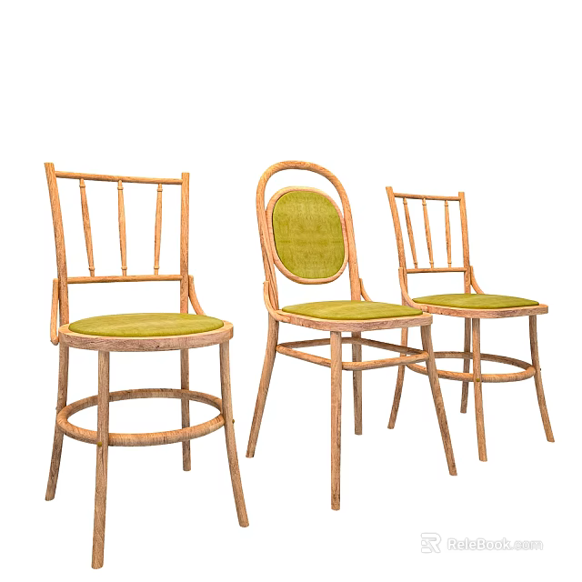 Wooden Single Chairs With Green Upholstered Seats And Rattan Frame Design 3d model 