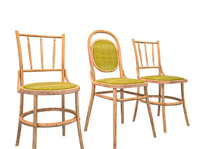 Wooden Single Chairs With Green Upholstered Seats And Rattan Frame Design 3d model
