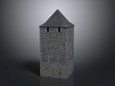 Medieval Stone Tower Architecture With Pitched Roof Weathered Walls And Small Windows 3d model