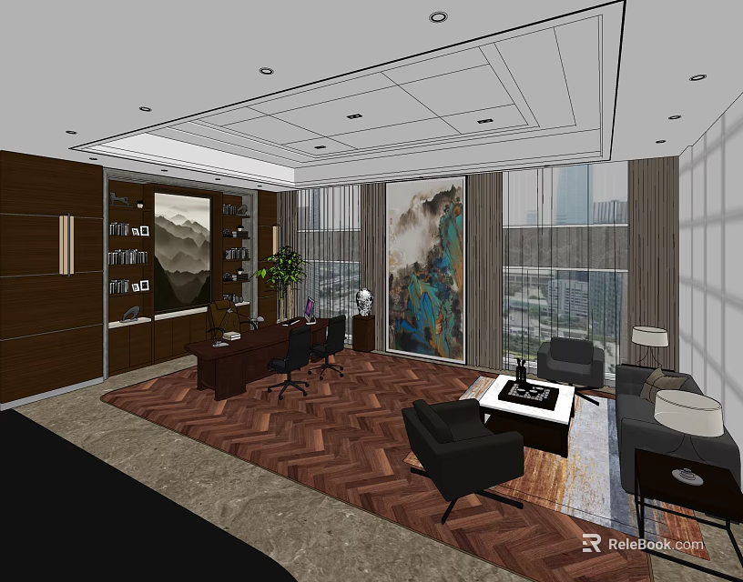 Modern Office Interior Design with Workstation Rest Area Artwork Green Plant and Herringbone Floor 3d model 