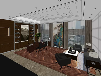 Modern Office Interior Design with Workstation Rest Area Artwork Green Plant and Herringbone Floor 3d model