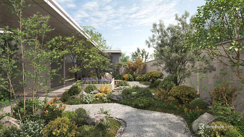 Modern Garden Landscape Design With Curved Gravel Path Green Plants Shrubs And Flowers 3d model 