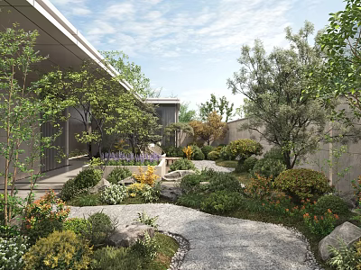 Modern Garden Landscape Design With Curved Gravel Path Green Plants Shrubs And Flowers 3d model