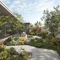 Modern Garden Landscape Design With Curved Gravel Path Green Plants Shrubs And Flowers
