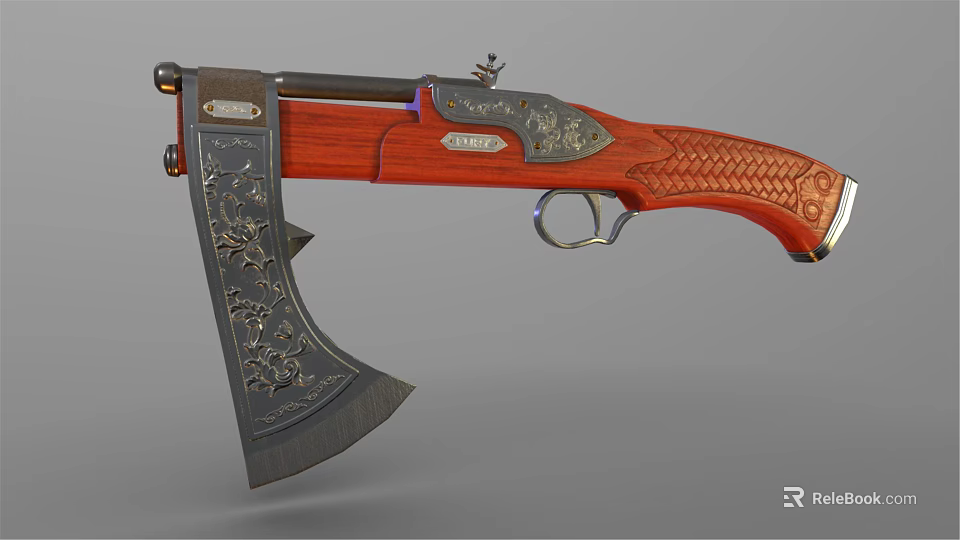 Unique Combination Weapon With Wooden Carved Grip Metal Axe Blade And Gun Barrel 3d model 