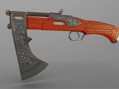 Unique Combination Weapon With Wooden Carved Grip Metal Axe Blade And Gun Barrel 3d model